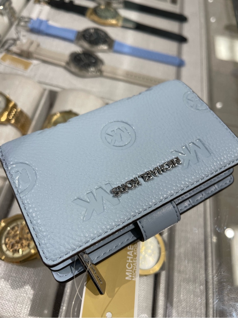 Michael Kors Jet Set Travel Med MK Logo Debossed Bifold Wallet
Pale Ocean 
NWT